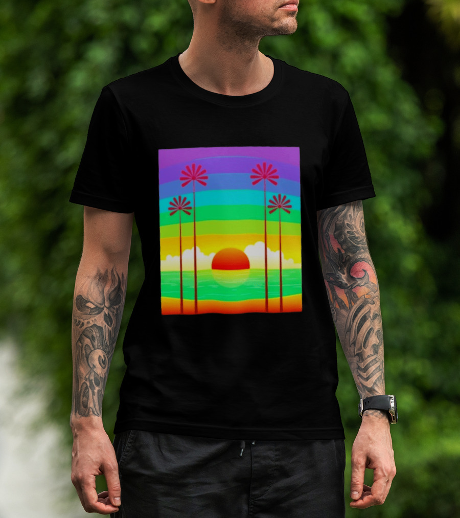 Sunset With Palm Trees And Rainbow Summer Scene T-Shirt