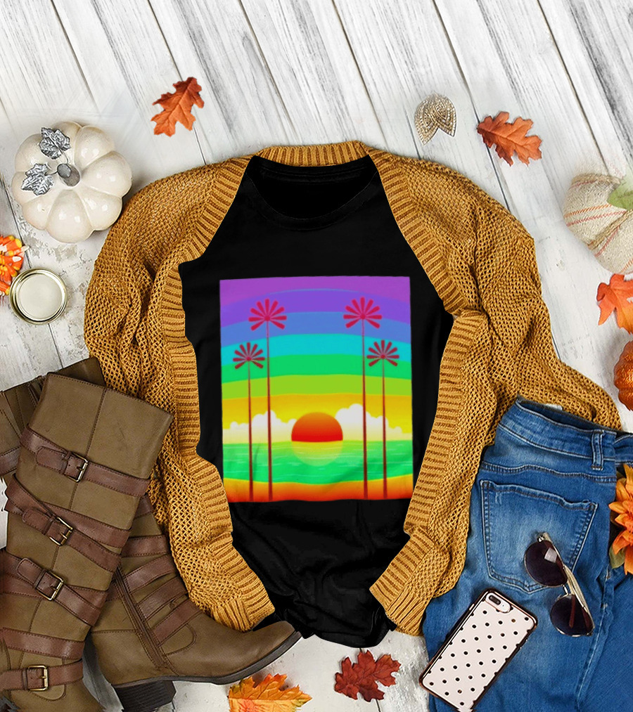 Sunset with Palm Trees and Rainbow Summer Scene T-Shirt
