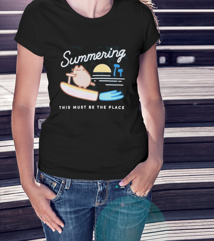Summering This Must Be The Place Pusheen Surfing Cat Scene T-Shirt