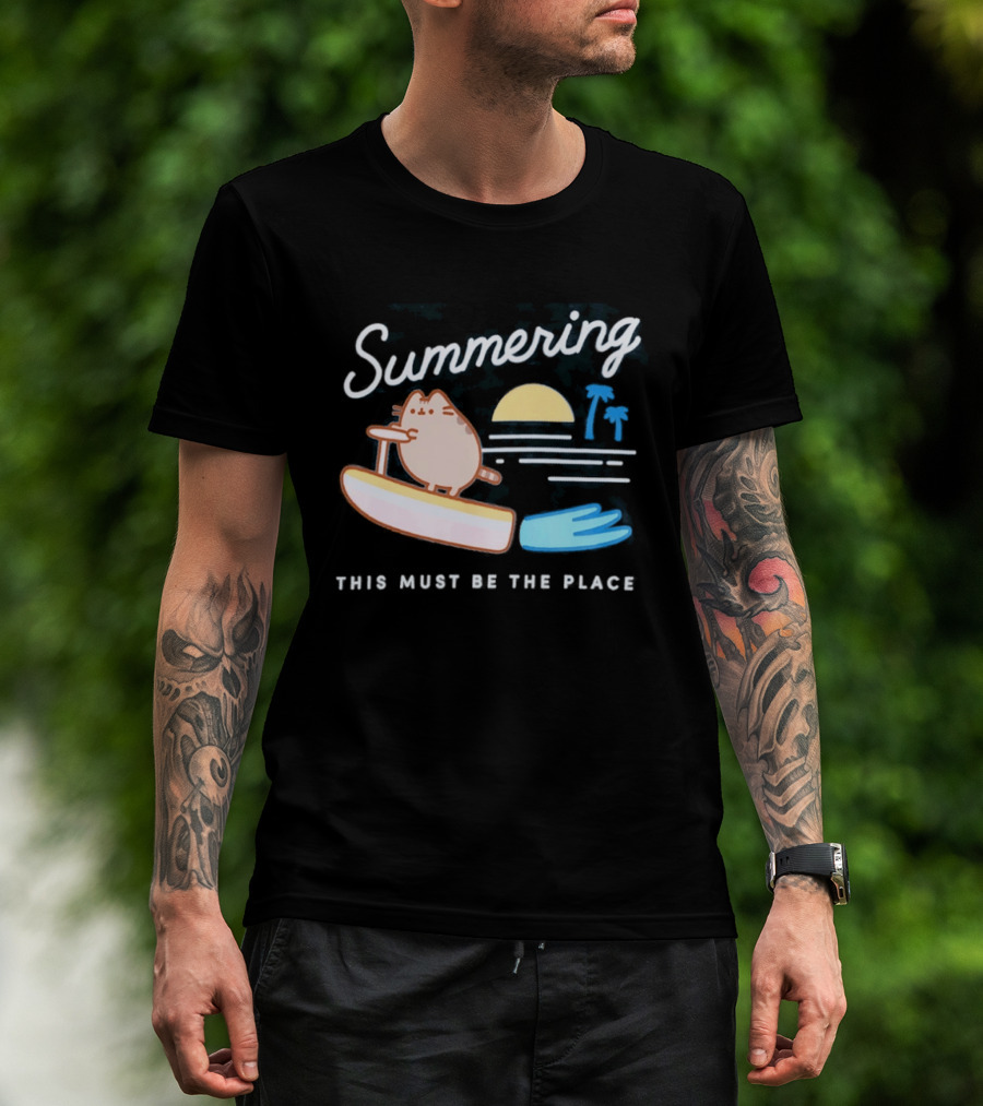Summering This Must Be The Place Pusheen Surfing Cat Scene T-Shirt