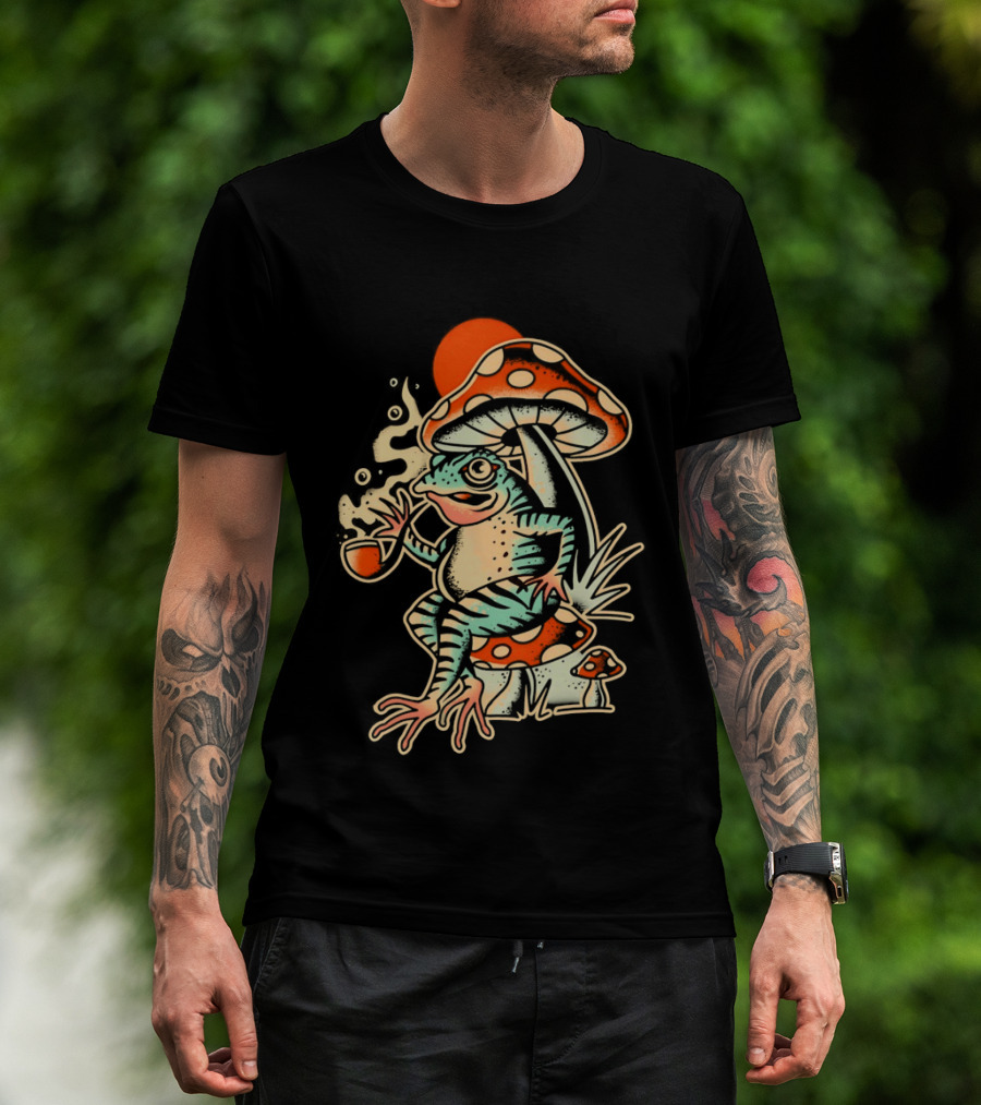 Frog Smoking Pipe Under Mushroom Tattoo T-Shirt