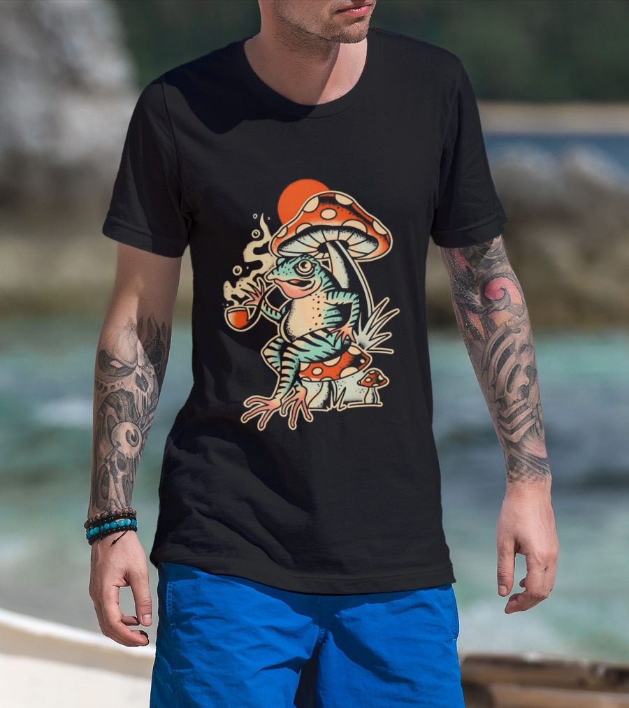 Frog Smoking Pipe Under Mushroom Tattoo T-Shirt