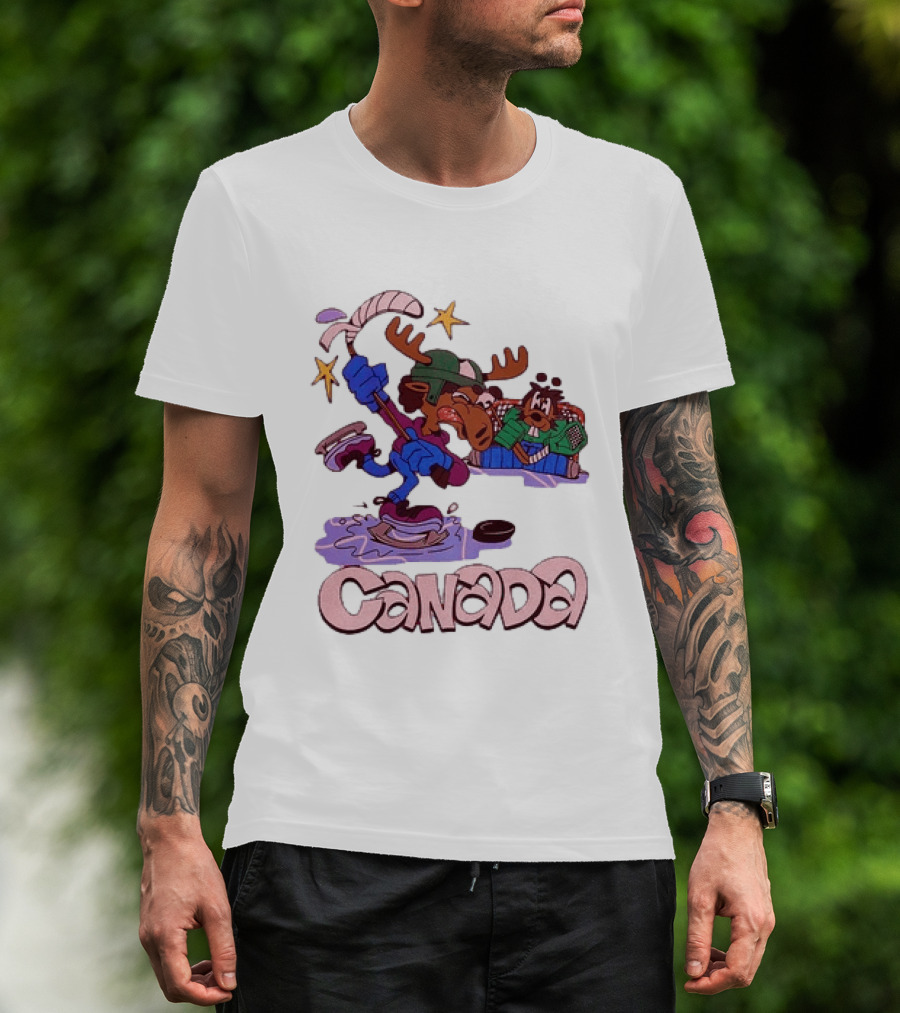 Slushy Noobz Canada Hockey Moose Cartoon Ice Rink Scene T-Shirt