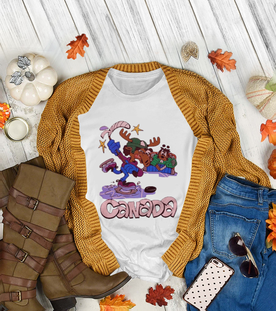 Slushy Noobz Canada Hockey Moose Cartoon Ice Rink Scene T-Shirt