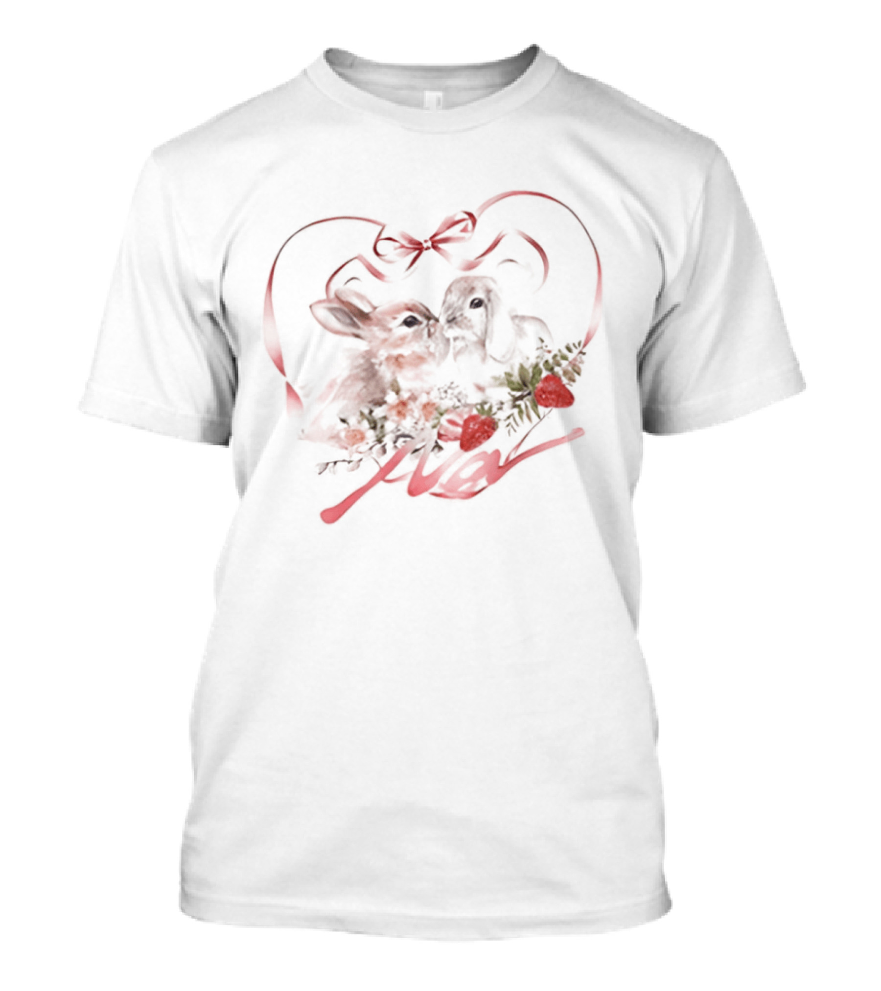 Kissing Rabbits Heart Ribbon Wings Strawberries Cute Love T-Shirt