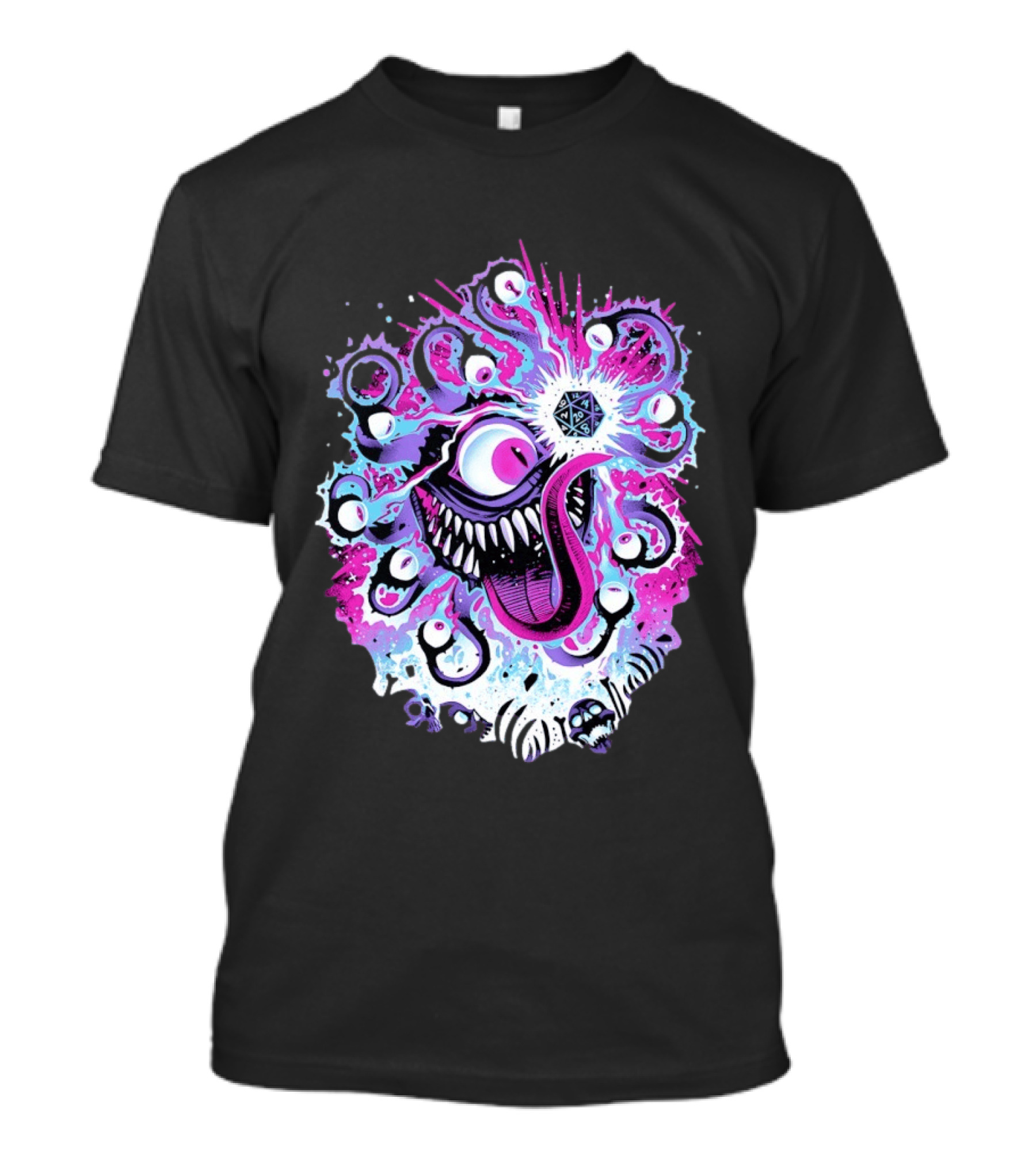 Beholder Dungeons And Dragons Eye Tyrant Illustration With D20 Dice And Psychedelic T-Shirt