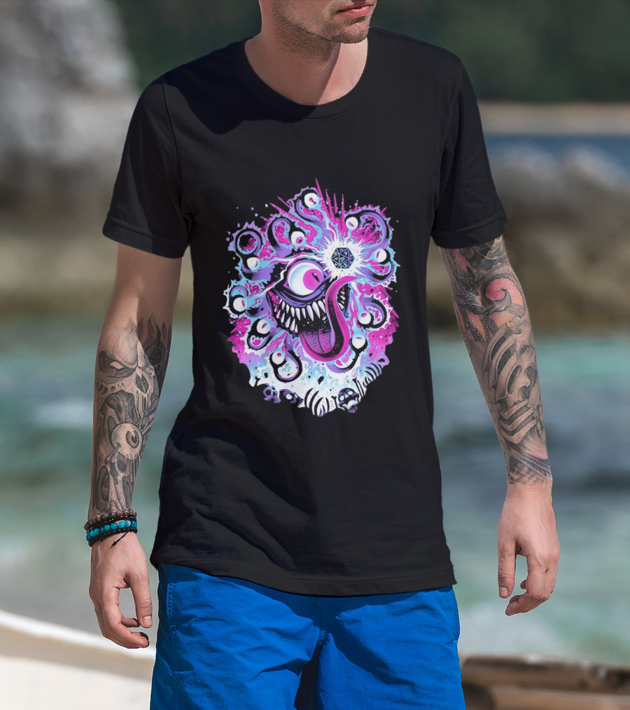 Beholder Dungeons And Dragons Eye Tyrant Illustration With D20 Dice And Psychedelic T-Shirt