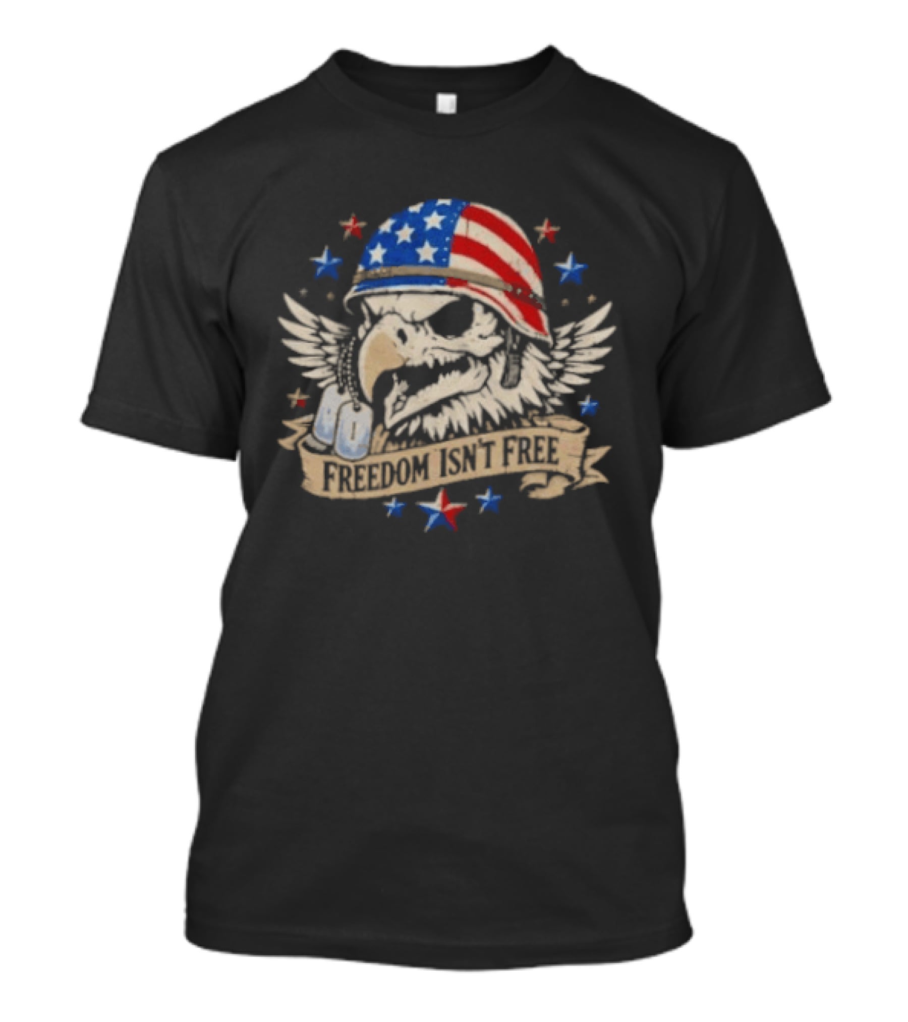Distressed Eagle Skull Freedom Isn't Free Patriotic American Flag Helmet Stars T-Shirt