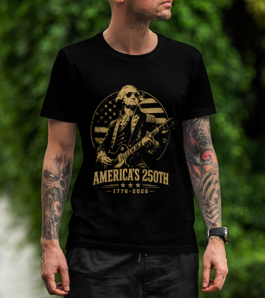 George Washington America's 250th 1776 2026 Rock And Roll Guitar USA Flag T-Shirt