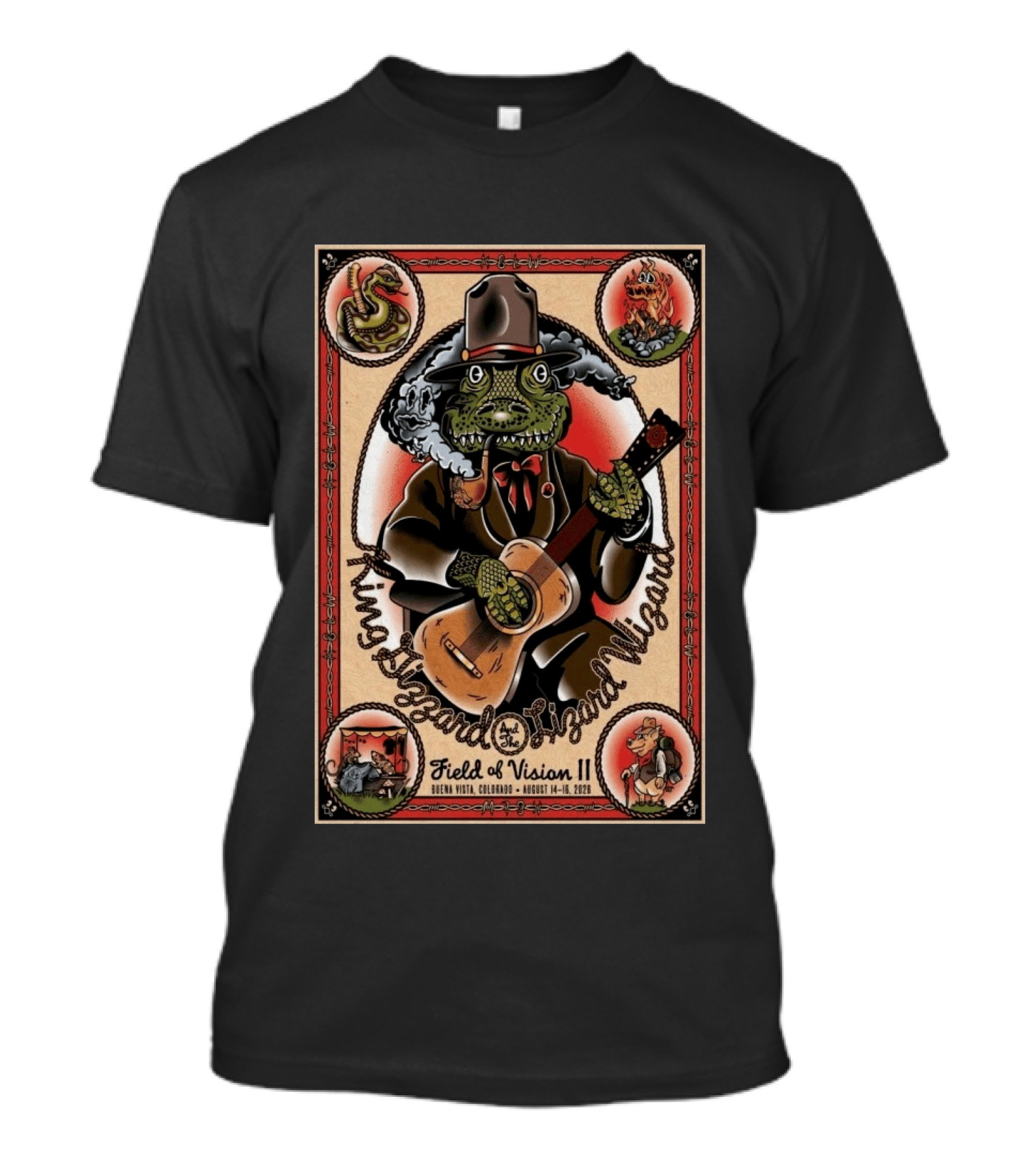 King Gizzard And The Lizard Wizard Field Of Vision II August 14 16 2026 Illustration With Lizard Playing Guitar T-Shirt