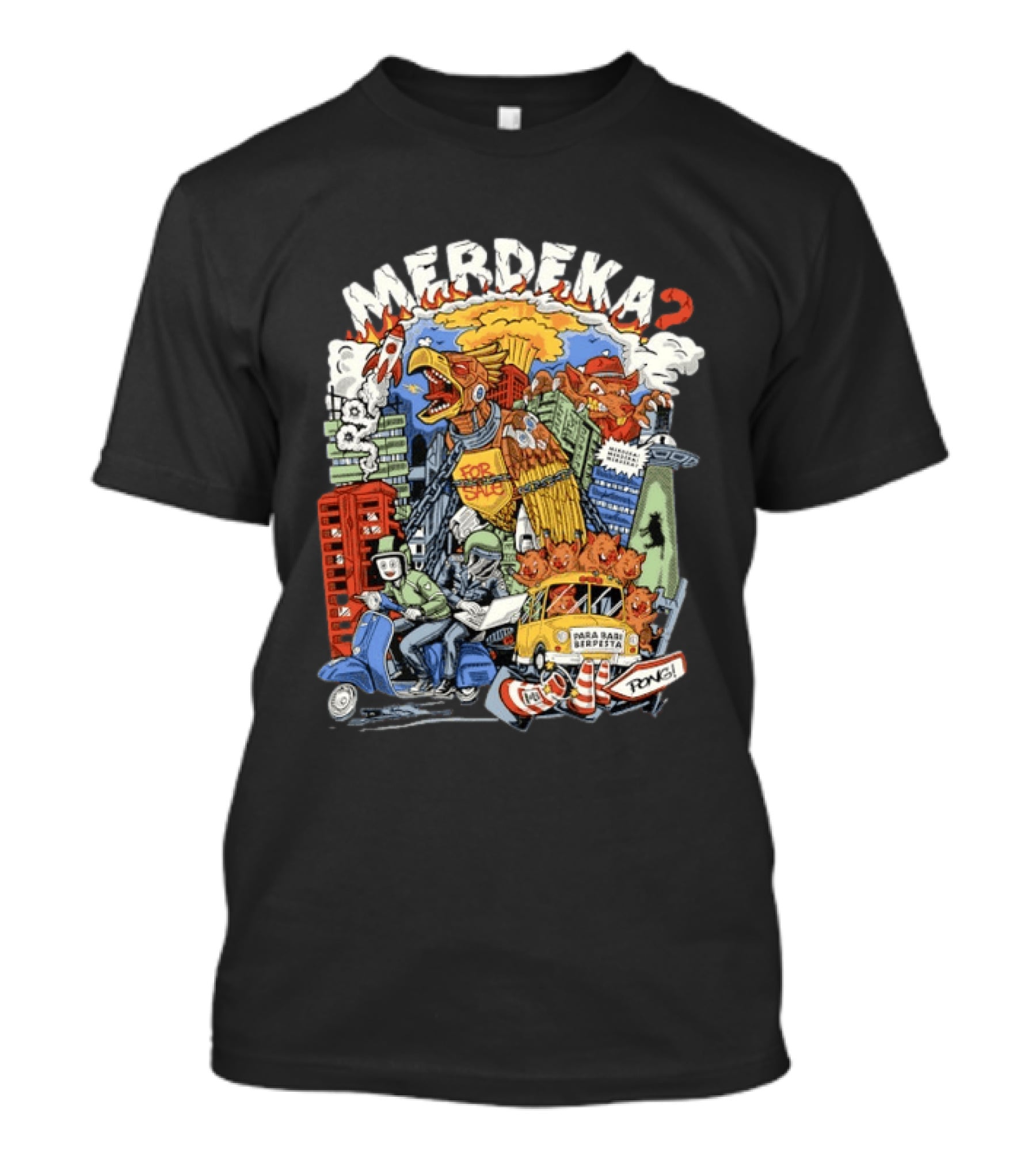 Merdeka Para Babi Berpesta Satire Indonesian Illustration With Cityscape And Mythical Creatures T-Shirt