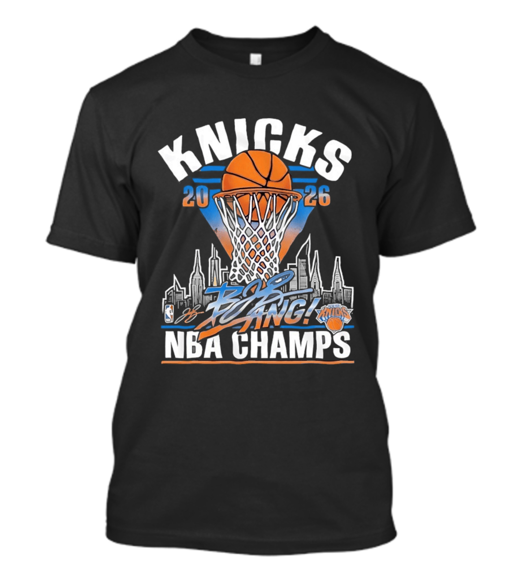 Knicks 2026 NBA Champs Bang NYC Skyline Basketball Net Victory T-Shirt