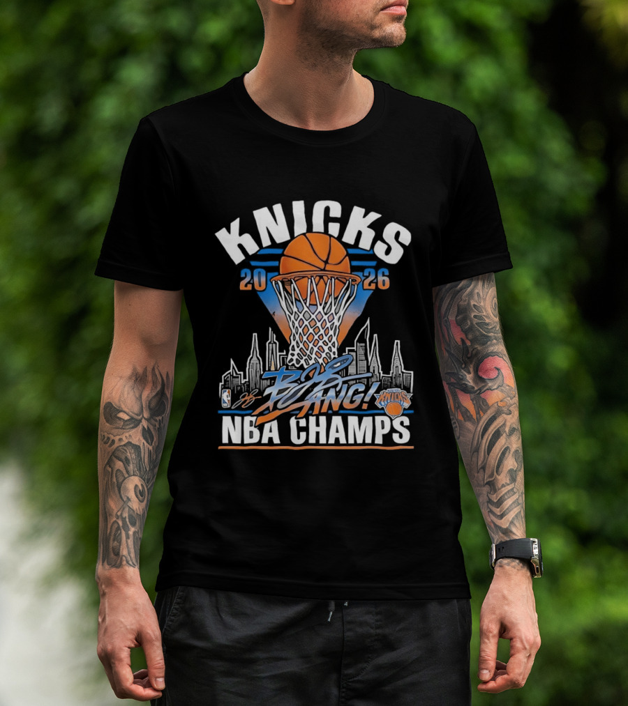 Knicks 2026 NBA Champs Bang NYC Skyline Basketball Net Victory T-Shirt