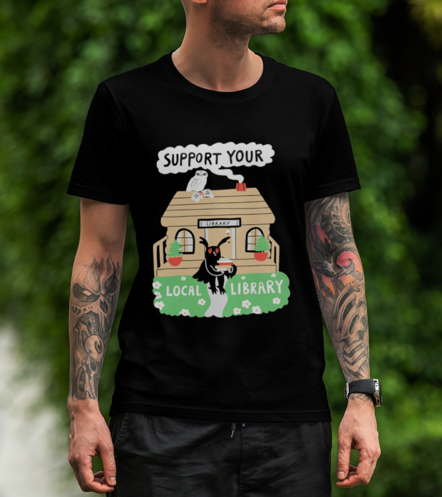 Support Your Local Library Mothman With Books And Cozy Cabin Reading T-Shirt