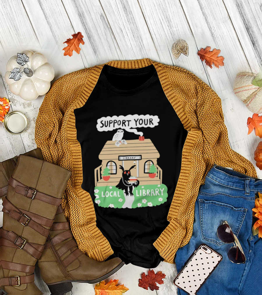 Support Your Local Library Mothman with Books and Cozy Cabin Reading T-Shirt