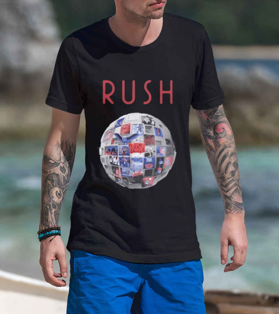 Rush All The World's An Album Tour 2026 2027 History Iconic Sphere Collage T-Shirt
