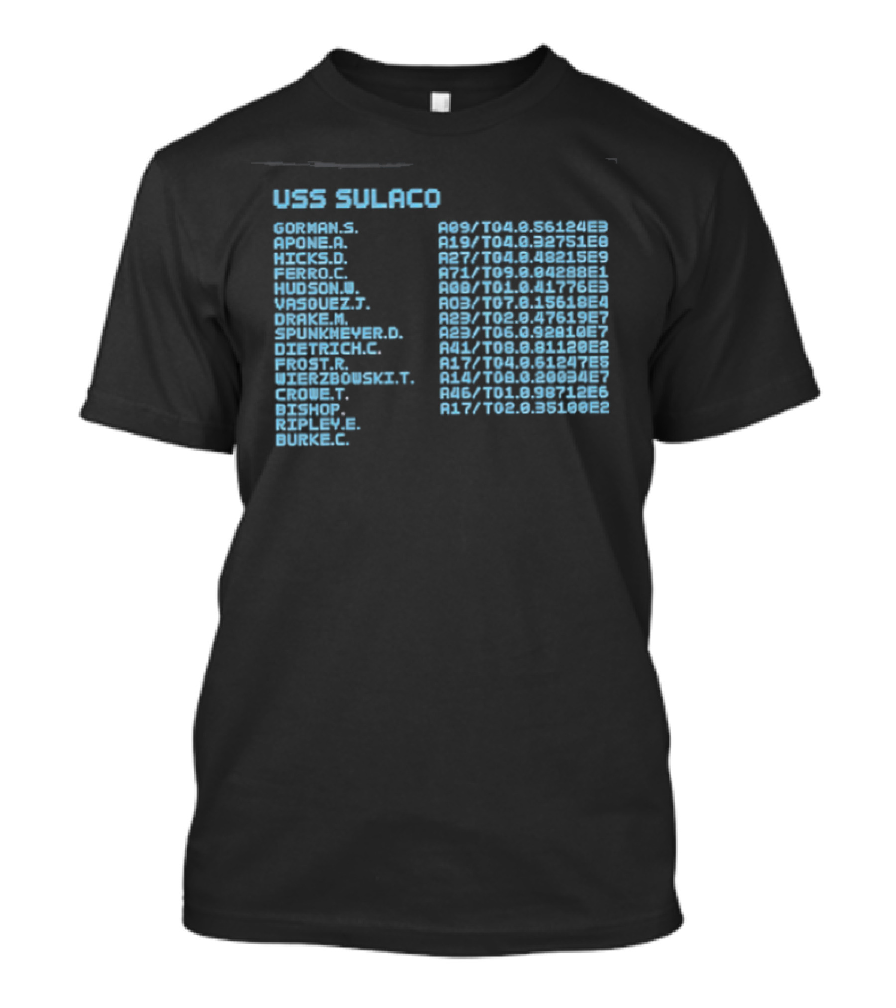 USS Sulaco Personnel Roster Aliens Ripley Hicks Hudson Vasquez Gorman Bishop T-Shirt