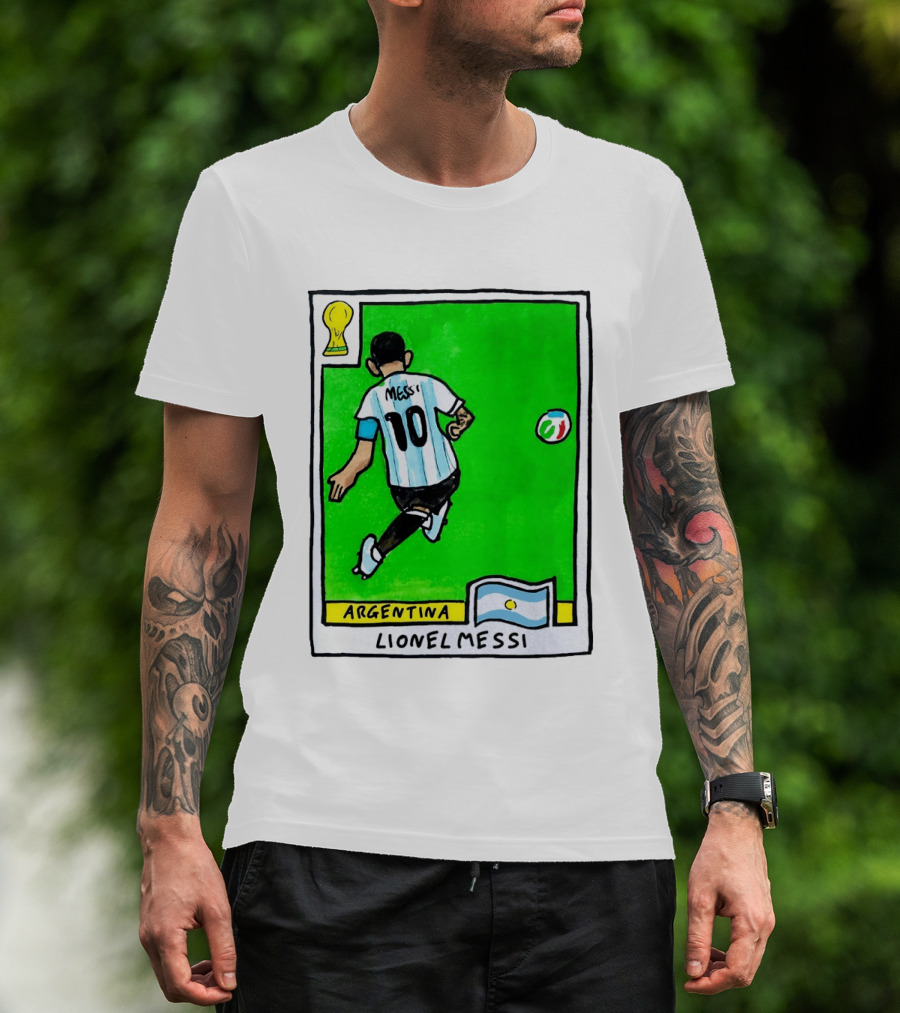 Lionel Messi Argentina Number 10 Football Card With World Cup And National Flag T-Shirt