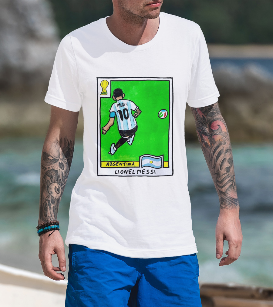 Lionel Messi Argentina Number 10 Football Card With World Cup And National Flag T-Shirt