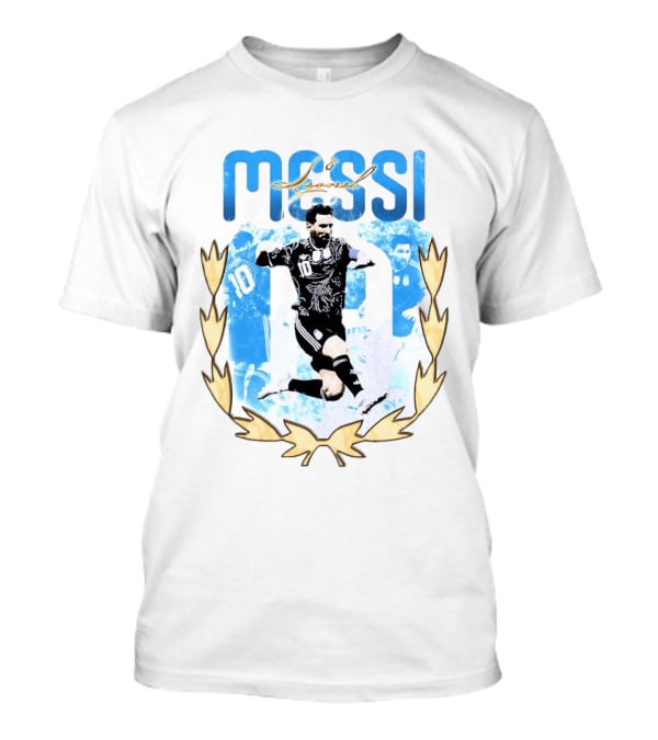 Messi 10 Sliding Celebration With Gold Laurel Wreath T-Shirt