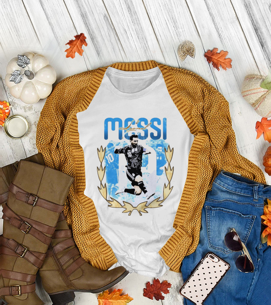 Messi 10 Sliding Celebration with Gold Laurel Wreath T-Shirt