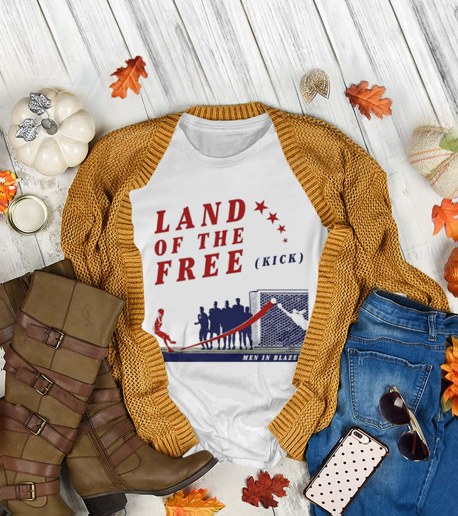 Land of the Free Kick Men in Blazers with Red Stars and Silhouetted Soccer Scene T-Shirt