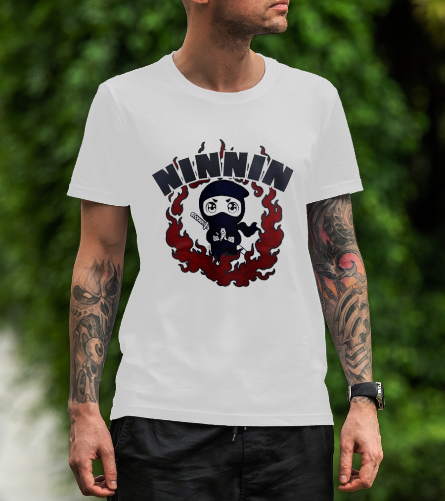 Ninin Ninja Chibi Flames Katana T-Shirt