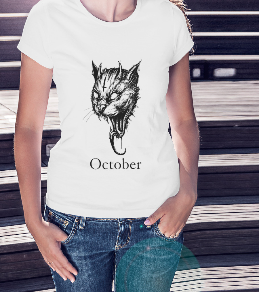 October Demon Cat Gothic Occult Halloween Cat T-Shirt