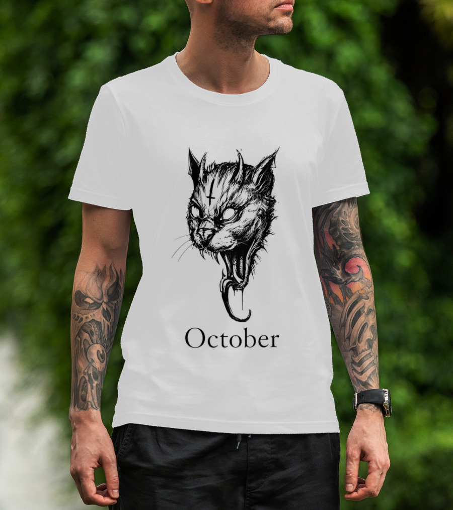 October Demon Cat Gothic Occult Halloween Cat T-Shirt