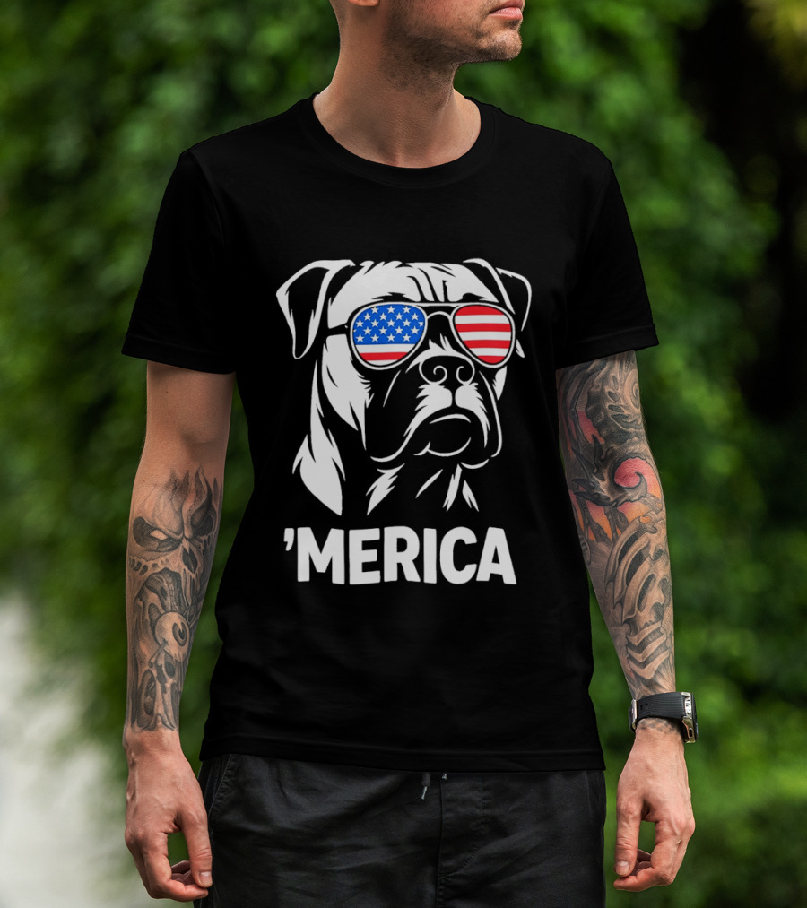 American Bulldog With USA Flag Sunglasses 'Merica T-Shirt