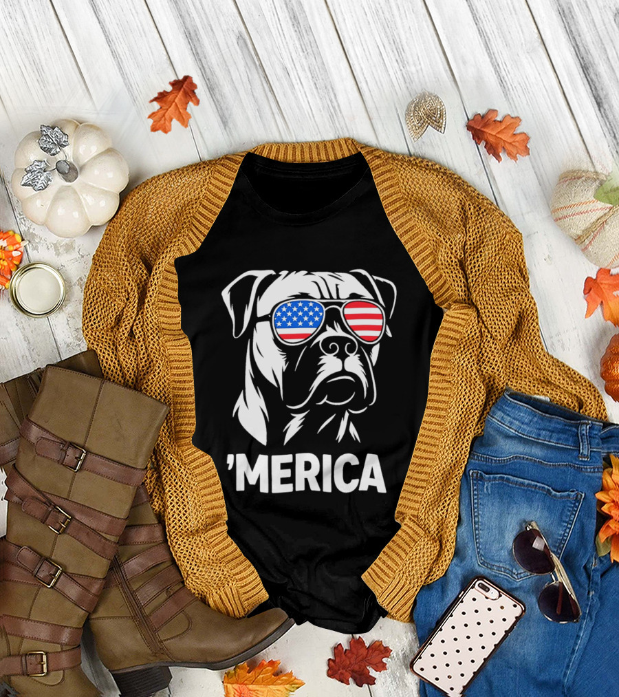 American Bulldog with USA Flag Sunglasses 'Merica T-Shirt