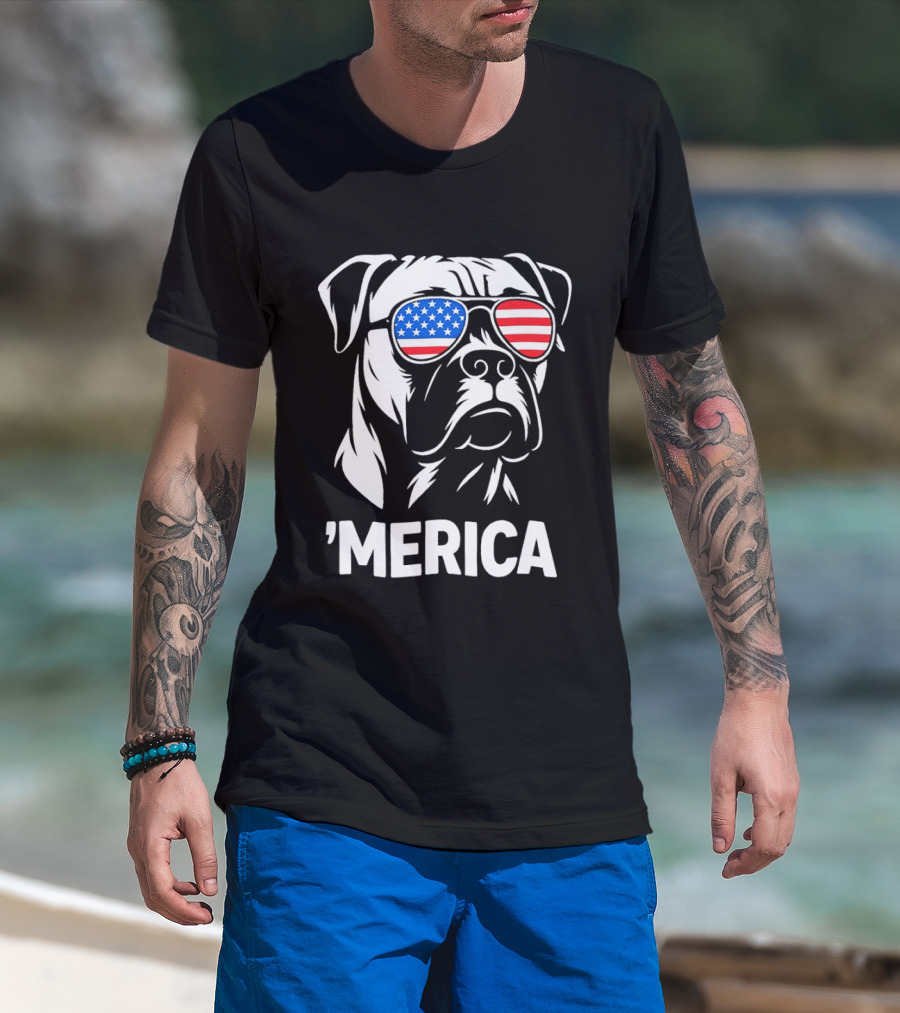 American Bulldog With USA Flag Sunglasses 'Merica T-Shirt