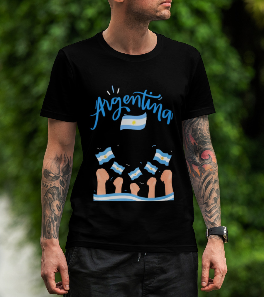 Argentina Celebration Raised Fists Waving Flags Enthusiastic Spirit T-Shirt