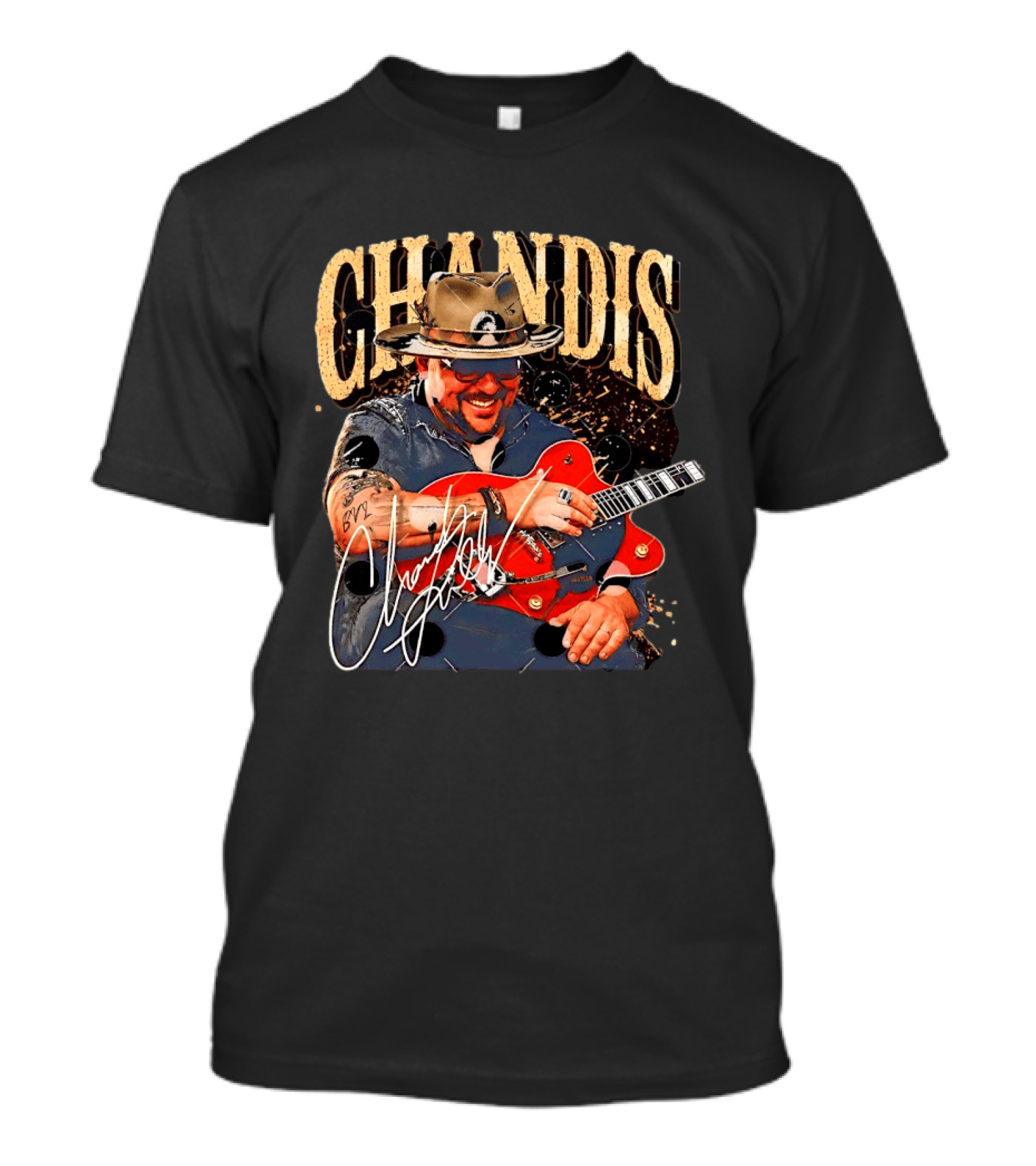 Chandis Guitarist Smiling With Red Guitar And Hat T-Shirt