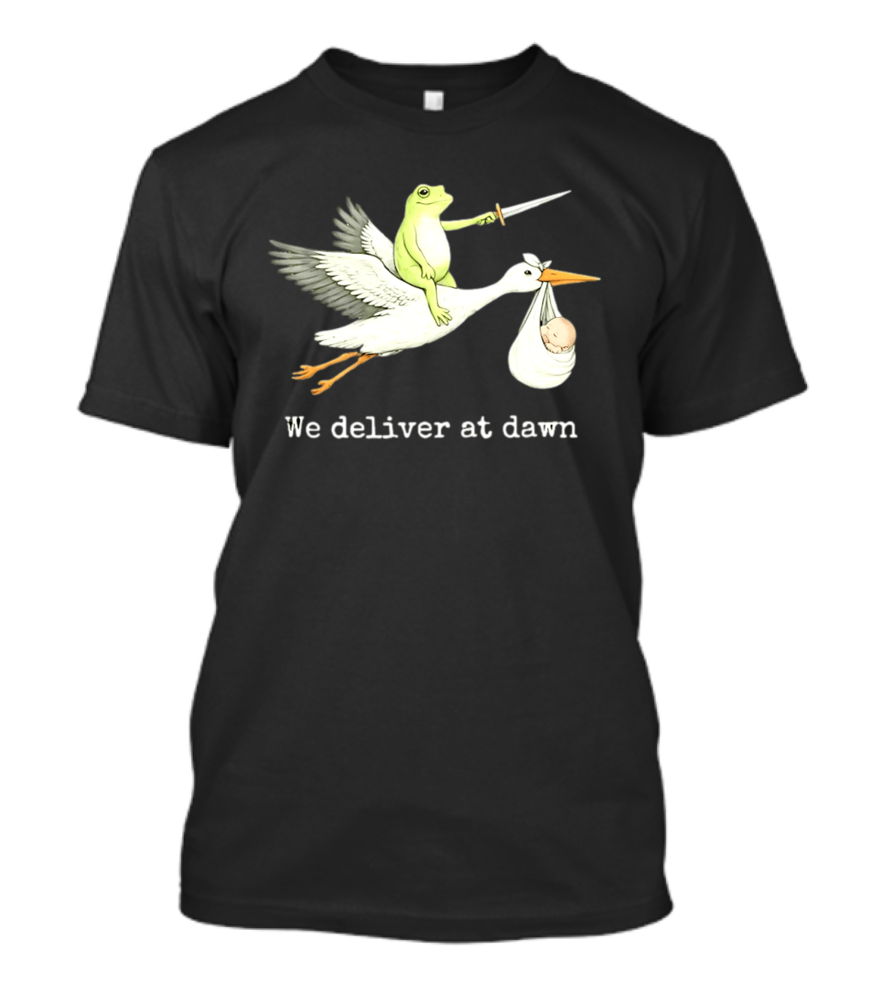 Frog Riding Stork With Sword We Deliver At Dawn T-Shirt