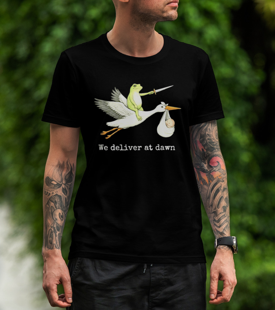 Frog Riding Stork With Sword We Deliver At Dawn T-Shirt
