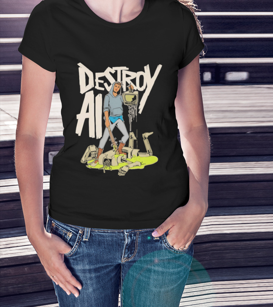 Destroy AI Sci Fi Cyberpunk Robot Resistance Heroic Battle Scene T-Shirt