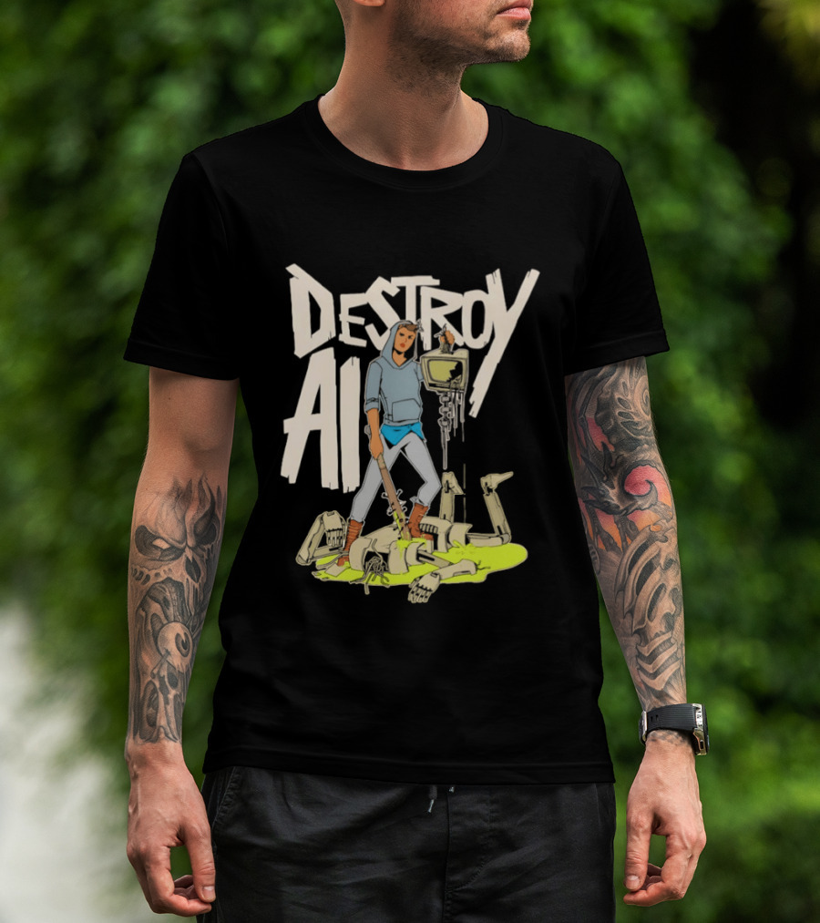 Destroy AI Sci Fi Cyberpunk Robot Resistance Heroic Battle Scene T-Shirt