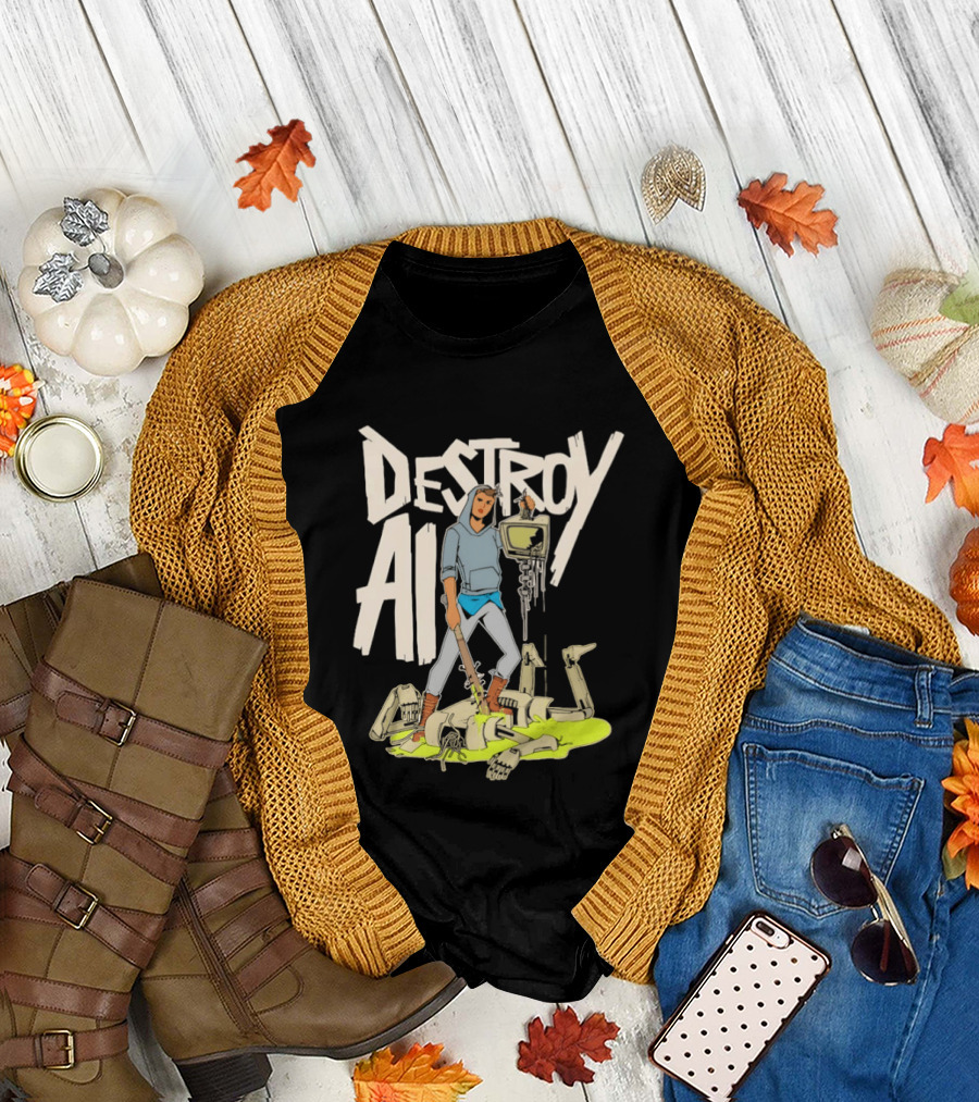 Destroy AI Sci Fi Cyberpunk Robot Resistance Heroic Battle Scene T-Shirt