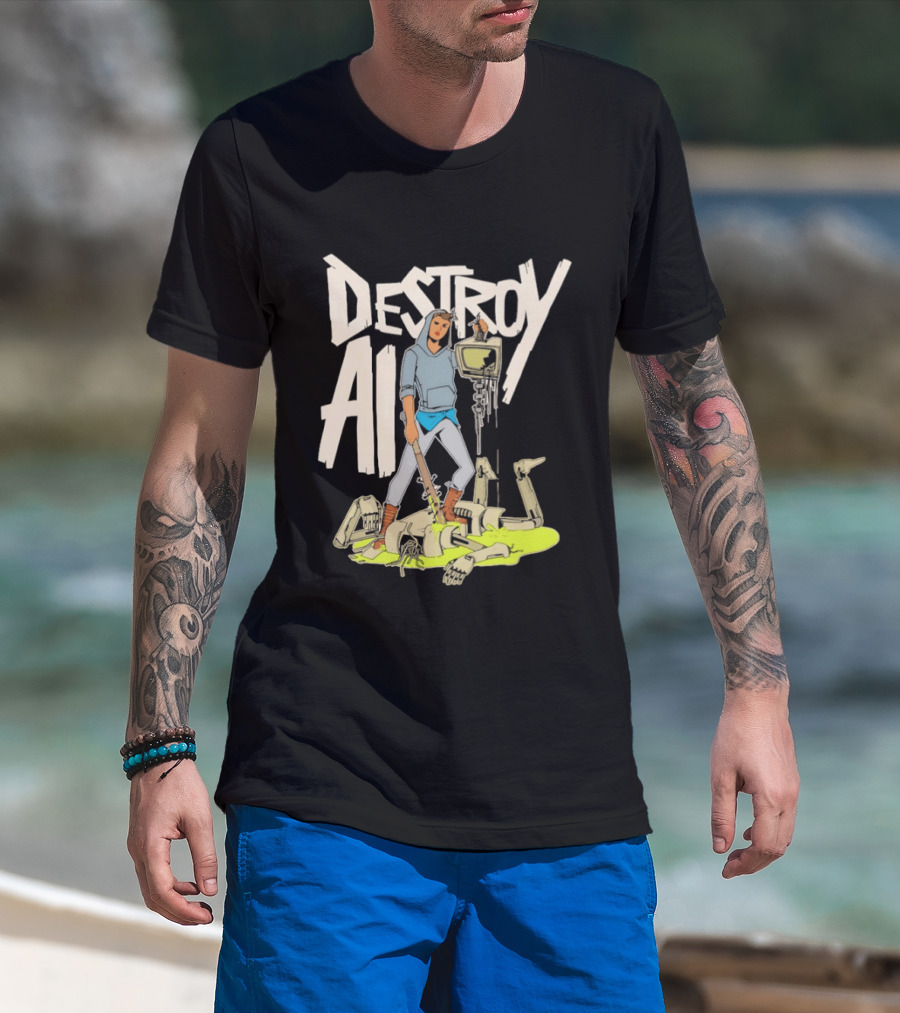 Destroy AI Sci Fi Cyberpunk Robot Resistance Heroic Battle Scene T-Shirt