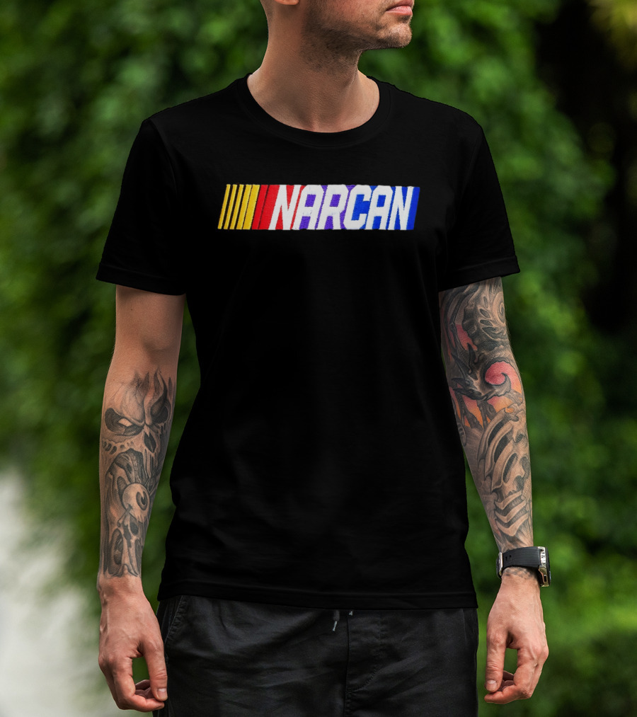 NASCAR Style NARCAN Text With Racing Stripes T-Shirt