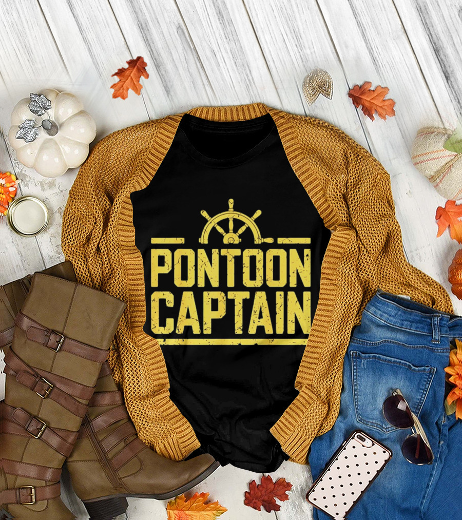 Pontoon Captain Ship Wheel Nautical Boating Adventure T-Shirt