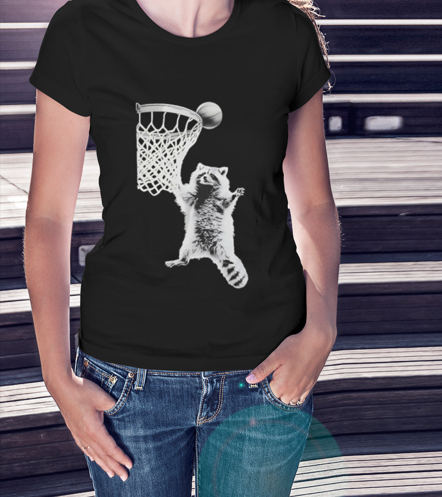 Raccoon Dunking Basketball Fun Animal Sports Play T-Shirt