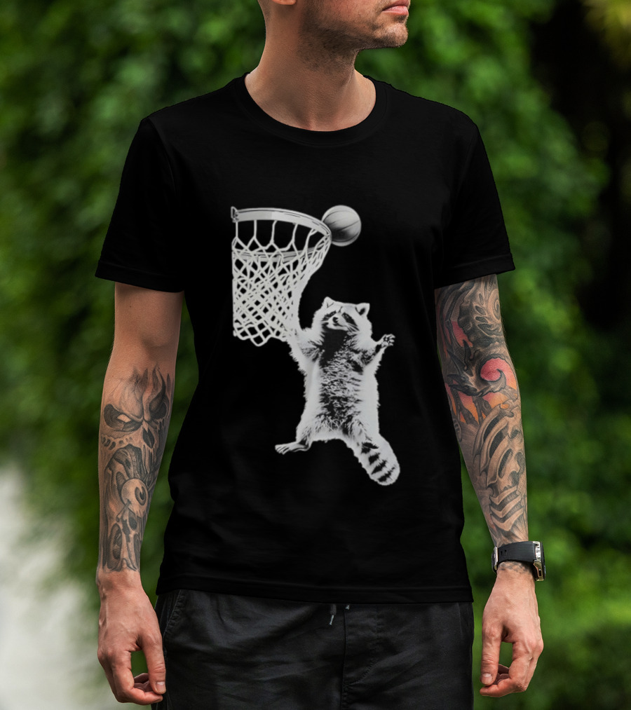 Raccoon Dunking Basketball Fun Animal Sports Play T-Shirt