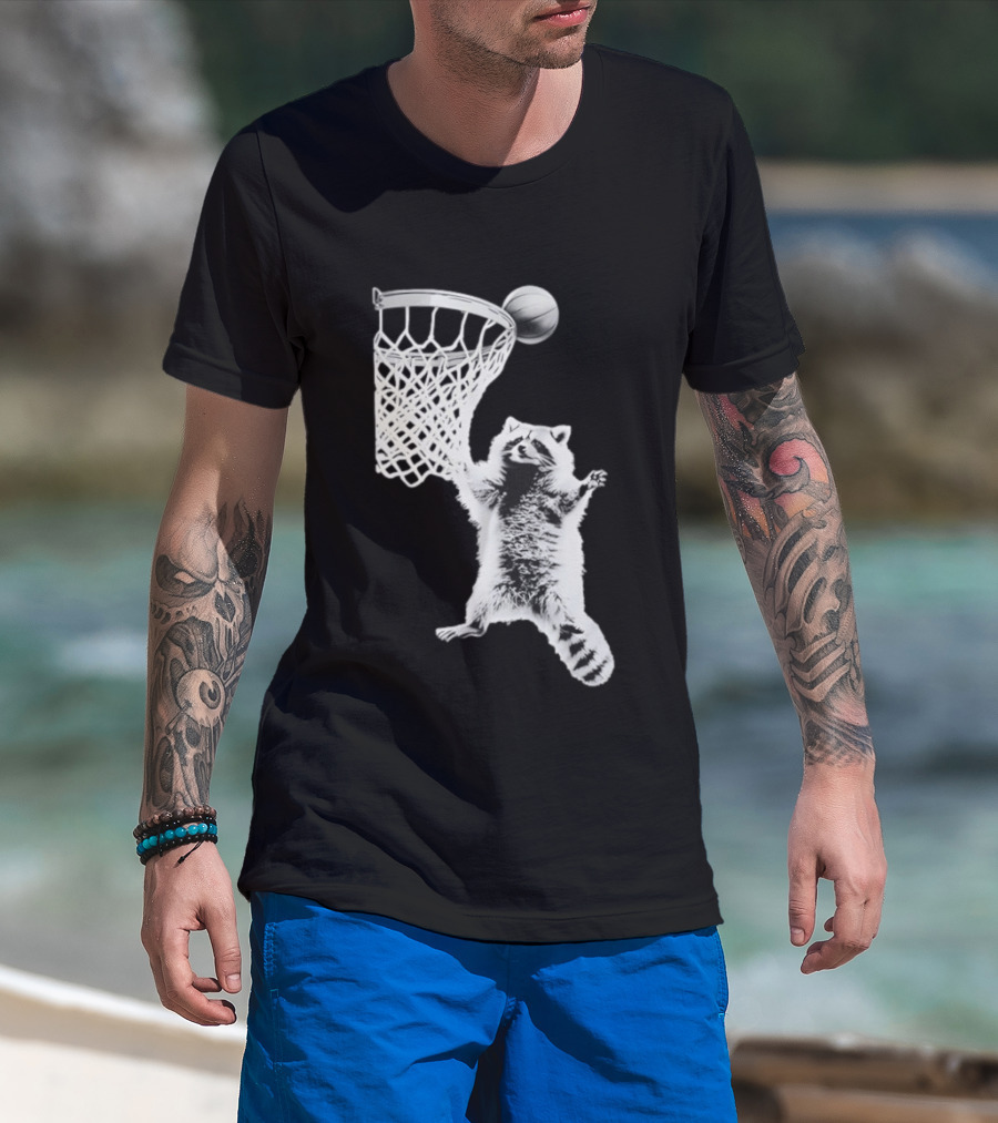 Raccoon Dunking Basketball Fun Animal Sports Play T-Shirt