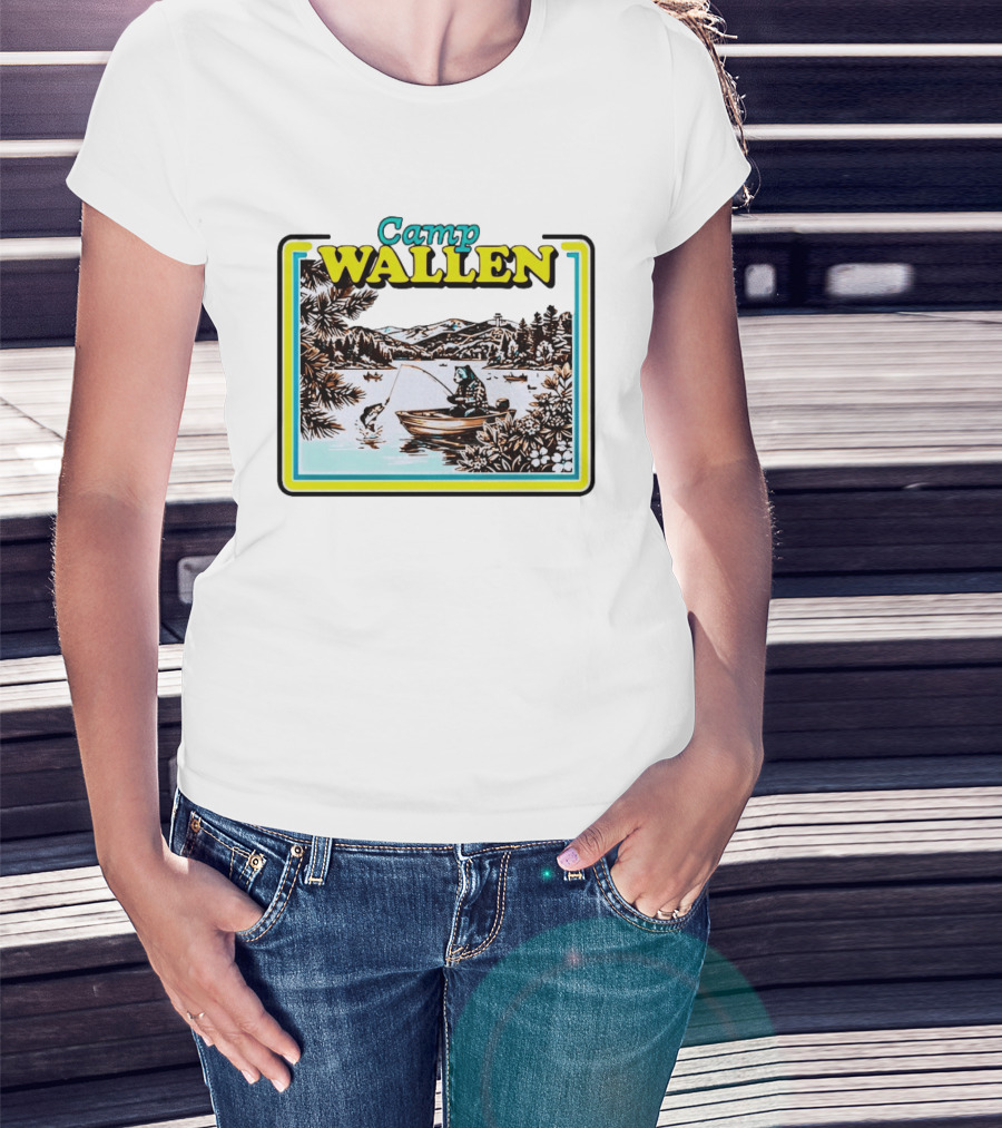 Camp Wallen Bear Fishing In Lake And Mountains Scene T-Shirt