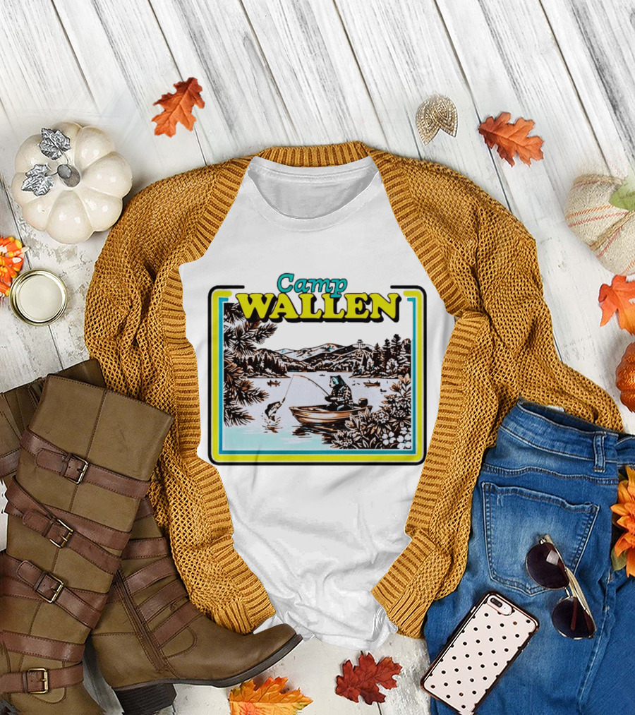Camp Wallen Bear Fishing in Lake and Mountains Scene T-Shirt