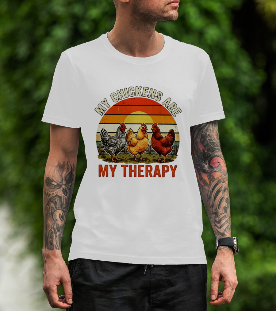 My Chickens Are My Therapy Three Hens Sunset T-Shirt