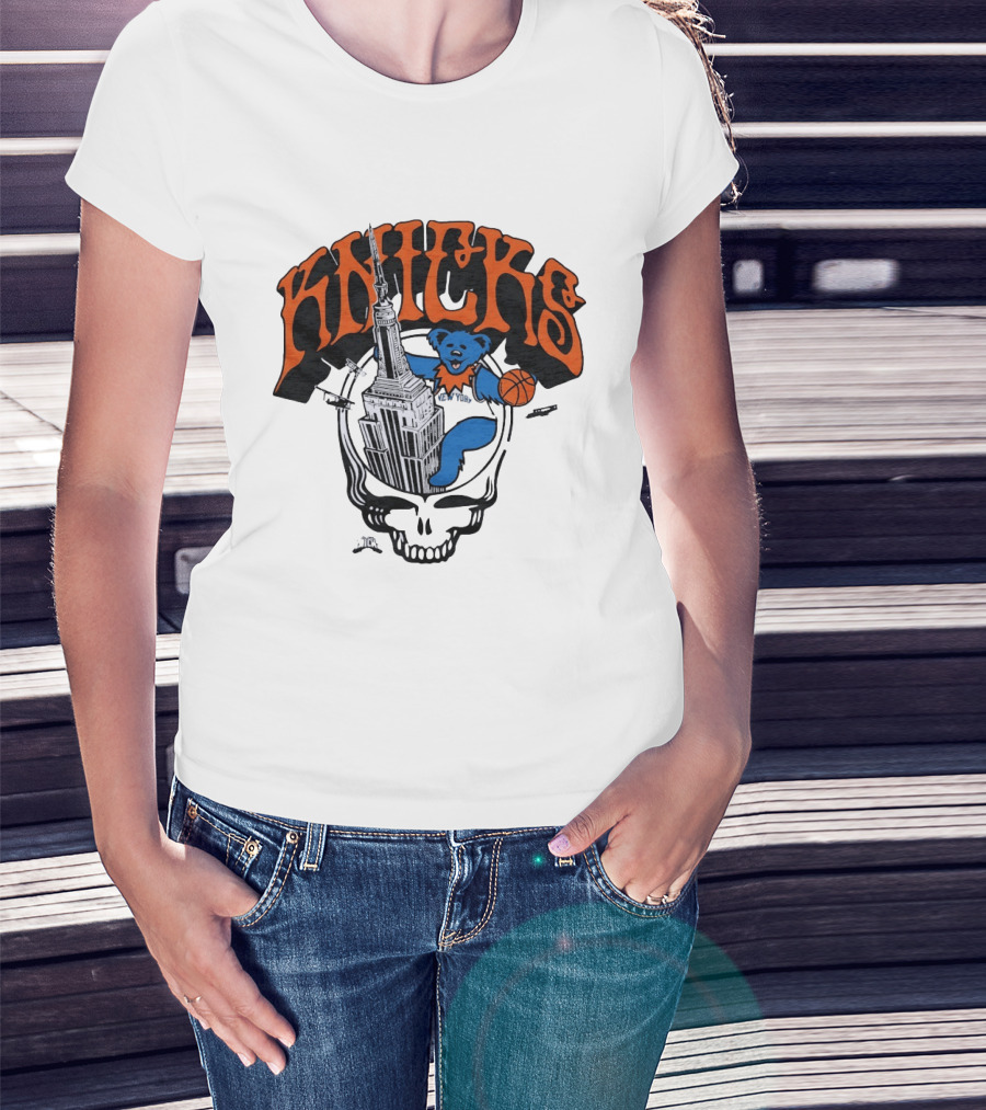 Knicks Grateful Dead Dancing Bear Empire State Building Skulls Basketball T-Shirt