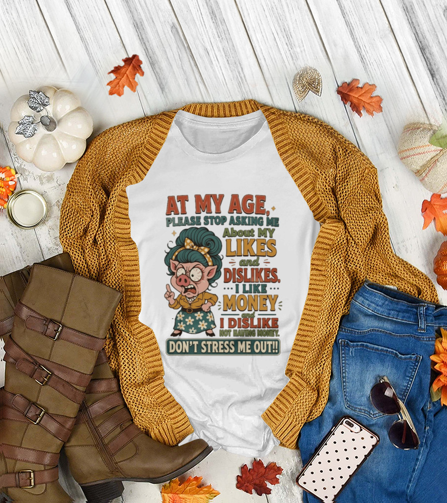 At My Age Please Stop Asking About My Likes I Like Money I Dislike Not Having Money Don't Stress Me Out T-Shirt